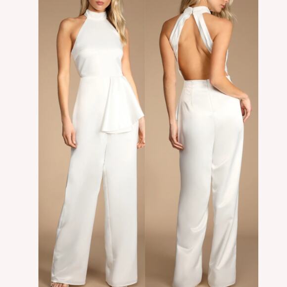 LULU'S Sz S Lifetime of Romance Ivory Satin Backless Wide-Leg Jumpsuit NEW B92 - Picture 1 of 10
